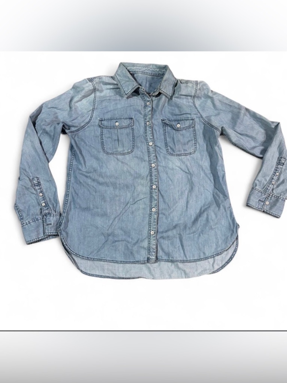 Blue denim button-up shirt with a western vibe. Size: L